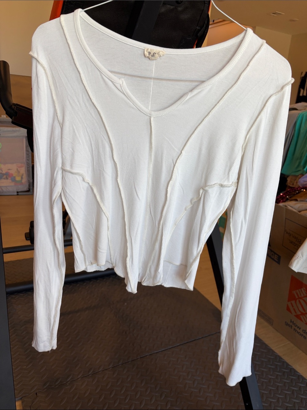 POL White Long-Sleeve V-Neck Ribbed Seam-Panel Top